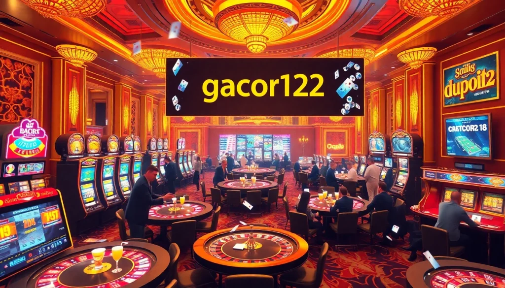 Gacor123 showcases an electrifying casino scene with glowing slot machines, roulette tables, and players in action.